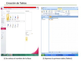 Creación de Tablas




1) Se coloca el nombre de la Base   2) Aparece la primera tabla (Tabla1)
 