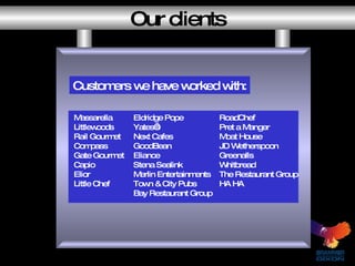 Our clients Customers we have worked with: Massarella Littlewoods Rail Gourmet Compass Gate Gourmet Capio Elior Little Chef Eldridge Pope Yates’s Next Cafes GoodBean Eliance Stena Sealink Merlin Entertainments Town & City Pubs Bay Restaurant Group RoadChef Pret a Manger Moat House JD Wetherspoon Greenalls Whitbread The Restaurant Group HA HA 