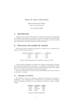 Bases de datos relacionales
                          Roberto Hernando Velasco
                            (http://www.rhernando.net)

                              24 de abril de 2004


1.     Introducci´n
                 o
    A ﬁnales de los setenta Codd introdujo la teor´ de las relaciones, proponiendo
                                                    ıa
un modelo de datos basado en relaciones o tablas. El modelo de datos relacional
tuvo un auge espectacular a ﬁnales de los setenta, y hoy en d´ es uno de los modelos
                                                             ıa
m´s utilizados por los Sistemas Gestores de Bases de Datos.
  a


2.     Estructura del modelo de relaci´n
                                      o
   El elemento b´sico del modelo relacional es la relaci´n, que se representa me-
                 a                                      o
diante una tabla (v´ase la ﬁgura 1).
                   e

               relaci´n
                     o    atributo 1    atributo 2    ...   atributo n
                          xxxx          xxxx          ...   xxxx
                          xxxx          xxxx          ...   xxxx
                          xxxx          xxxx          ...   xxxx

           Figura 1: Representaci´n de una relaci´n en forma de tabla.
                                 o               o


   En ella podemos distinguir un conjunto de columnas, denominadas atributos,
que representan propiedades de la misma, y un conjunto de ﬁlas llamadas tuplas,
que son las ocurrencias de la relaci´n. Cada uno de los atributos puede tomar valores
                                    o
dentro de un rango determinado, que se denomina dominio.
   El n´mero de ﬁlas de una relaci´n se llama cardinalidad, mientras que el n´mero
       u                             o                                         u
de columnas es el grado.

2.1.    Ejemplo de relaci´n
                         o
   En la ﬁgura 2 se tiene un ejemplo de relaci´n. El nombre de la relaci´n es
                                                o                         o
Empleados, y est´ compuesta por un subconjunto de tres elementos formados a
                 a
partir del producto cartesiano de tres conjuntos de atributos (nombre, apellido,
sueldo).

                          Nombre       Apellido      Sueldo
                           Juan        Garc´
                                           ıa         1200
                           Pedro       Guti´rrez
                                           e          1700
                           Mar´
                              ıa       L´pez
                                        o             2100

                           Figura 2: Relaci´n Empleados
                                           o



                                          1
 