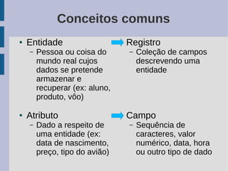 Conceitos comuns
●   Entidade                    ●   Registro
    –   Pessoa ou coisa do          –   Coleção de campos
        mundo real cujos                descrevendo uma
        dados se pretende               entidade
        armazenar e
        recuperar (ex: aluno,
        produto, vôo)

●   Atributo                    ●   Campo
    –   Dado a respeito de          –   Sequência de
        uma entidade (ex:               caracteres, valor
        data de nascimento,             numérico, data, hora
        preço, tipo do avião)           ou outro tipo de dado
 