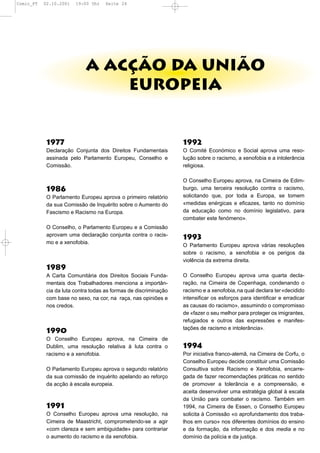 Comic_PT   02.10.2001   19:00 Uhr   Seite 24




                            A ACÇÃO DA UNIÃO
                                EUROPEIA


            1977                                                  1992
            Declaração Conjunta dos Direitos Fundamentais         O Comité Económico e Social aprova uma reso-
            assinada pelo Parlamento Europeu, Conselho e          lução sobre o racismo, a xenofobia e a intolerância
            Comissão.                                             religiosa.

                                                                  O Conselho Europeu aprova, na Cimeira de Edim-
            1986                                                  burgo, uma terceira resolução contra o racismo,
            O Parlamento Europeu aprova o primeiro relatório      solicitando que, por toda a Europa, se tomem
            da sua Comissão de Inquérito sobre o Aumento do       «medidas enérgicas e eficazes, tanto no domínio
            Fascismo e Racismo na Europa.                         da educação como no domínio legislativo, para
                                                                  combater este fenómeno».
            O Conselho, o Parlamento Europeu e a Comissão
            aprovam uma declaração conjunta contra o racis-
                                                                  1993
            mo e a xenofobia.
                                                                  O Parlamento Europeu aprova várias resoluções
                                                                  sobre o racismo, a xenofobia e os perigos da
                                                                  violência da extrema direita.
            1989
            A Carta Comunitária dos Direitos Sociais Funda-       O Conselho Europeu aprova uma quarta decla-
            mentais dos Trabalhadores menciona a importân-        ração, na Cimeira de Copenhaga, condenando o
            cia da luta contra todas as formas de discriminação   racismo e a xenofobia, na qual declara ter «decidido
            com base no sexo, na cor, na raça, nas opiniões e     intensificar os esforços para identificar e erradicar
            nos credos.                                           as causas do racismo», assumindo o compromisso
                                                                  de «fazer o seu melhor para proteger os imigrantes,
                                                                  refugiados e outros das expressões e manifes-
                                                                  tações de racismo e intolerância».
            1990
            O Conselho Europeu aprova, na Cimeira de
            Dublim, uma resolução relativa à luta contra o        1994
            racismo e a xenofobia.                                Por iniciativa franco-alemã, na Cimeira de Corfu, o
                                                                  Conselho Europeu decide constituir uma Comissão
            O Parlamento Europeu aprova o segundo relatório       Consultiva sobre Racismo e Xenofobia, encarre-
            da sua comissão de inquérito apelando ao reforço      gada de fazer recomendações práticas no sentido
            da acção à escala europeia.                           de promover a tolerância e a compreensão, e
                                                                  aceita desenvolver uma estratégia global à escala
                                                                  da União para combater o racismo. Também em
            1991                                                  1994, na Cimeira de Essen, o Conselho Europeu
            O Conselho Europeu aprova uma resolução, na           solicita à Comissão «o aprofundamento dos traba-
            Cimeira de Maastricht, comprometendo-se a agir        lhos em curso» nos diferentes domínios do ensino
            «com clareza e sem ambiguidade» para contrariar       e da formação, da informação e dos media e no
            o aumento do racismo e da xenofobia.                  domínio da polícia e da justiça.
 