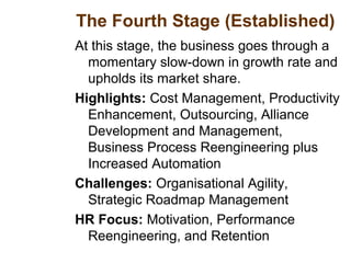 The Fourth Stage (Established)
At this stage, the business goes through a
momentary slow-down in growth rate and
upholds its market share.
Highlights: Cost Management, Productivity
Enhancement, Outsourcing, Alliance
Development and Management,
Business Process Reengineering plus
Increased Automation
Challenges: Organisational Agility,
Strategic Roadmap Management
HR Focus: Motivation, Performance
Reengineering, and Retention
 