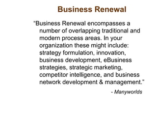 Business Renewal
“Business Renewal encompasses a
number of overlapping traditional and
modern process areas. In your
organization these might include:
strategy formulation, innovation,
business development, eBusiness
strategies, strategic marketing,
competitor intelligence, and business
network development & management.”
- Manyworlds
 