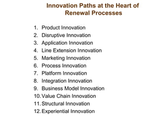 1. Product Innovation
2. Disruptive Innovation
3. Application Innovation
4. Line Extension Innovation
5. Marketing Innovation
6. Process Innovation
7. Platform Innovation
8. Integration Innovation
9. Business Model Innovation
10.Value Chain Innovation
11.Structural Innovation
12.Experiential Innovation
Innovation Paths at the Heart of
Renewal Processes
 