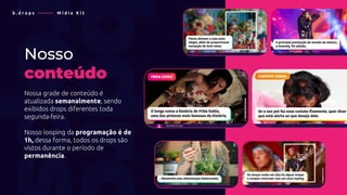 Nosso
conteúdo
Nossa grade de conteúdo é
atualizada semanalmente, sendo
exibidos drops diferentes toda
segunda-feira.
Nosso looping da programação é de
1h, dessa forma, todos os drops são
vistos durante o período de
permanência.
b . d r o p s ———— M í d i a K i t
 