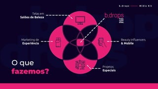O que
fazemos?
Projetos
Especiais
Beauty influencers
& Mobile
Marketing de
Experiência
Telas em
Salões de Beleza
b . d r o p s ———— M í d i a K i t
 