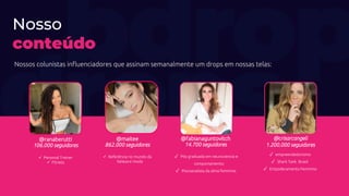 @ranaberutti
106.000 seguidores
✓ Personal Treiner
✓ Fitness
Nosso
conteúdo
Nossos colunistas influenciadores que assinam semanalmente um drops em nossas telas:
@maitee
862.000 seguidores
✓ Referência no mundo da
beleza e moda
@fabianaguntovitch
14.700 seguidores
@crisarcangeli
1.200.000 seguidores
✓ empreendedorismo
✓ Shark Tank Brasil
✓ Empoderamento Feminino
✓ Pós graduada em neurociencia e
comportamento;
✓ Psicoanalista da alma feminine.
 