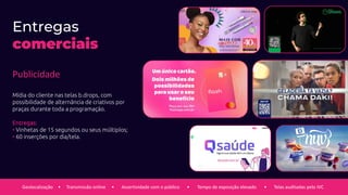 Entregas
comerciais
Publicidade
Mídia do cliente nas telas b.drops, com
possibilidade de alternância de criativos por
praças durante toda a programação.
Entregas:
• Vinhetas de 15 segundos ou seus múltiplos;
• 60 inserções por dia/tela.
Geolocalização Transmissão online Assertividade com o público Tempo de exposição elevado Telas auditadas pelo IVC
• • • •
 