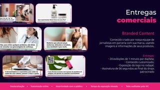 Branded Content
Conteúdo criado por nossa equipe de
jornalistas em parceria com sua marca, usando
imagens e informações de seus produtos.
Entregas:
• 20 exibições de 1 minuto por dia/tela;
• Conteúdo customizado;
• Exposição do logo no rodapé;
• Assinatura de 06 segundos ao final do drops
patrocinado
Geolocalização Transmissão online Assertividade com o público Tempo de exposição elevado Telas auditadas pelo IVC
• • • •
Entregas
comerciais
 
