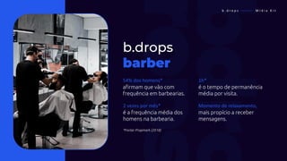 *Fonte: Propmark (2018)
54% dos homens*
afirmam que vão com
frequência em barbearias.
b.drops
barber
1h*
é o tempo de permanência
média por visita.
2 vezes por mês*
é a frequência média dos
homens na barbearia.
Momento de relaxamento,
mais propício a receber
mensagens.
b . d r o p s ———— M í d i a K i t
 