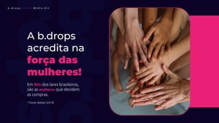 A b.drops
acredita na
força das
mulheres!
Em 96% dos lares brasileiros,
são as mulheres que decidem
as compras.
* Fonte: Nielsen (2019)
b . d r o p s ———— M í d i a K i t
 