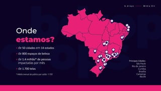 Principais Cidades:
São Paulo
Rio de Janeiro
Curitiba
Brasília
Campinas
Recife
+ de 50 cidades em 14 estados
Onde
estamos?
* Média mensal de público por salão: 1.700
+ de 800 espaços de beleza
+ de 1.4 milhão* de pessoas
impactadas por mês
+ de 1.700 telas
b . d r o p s ———— M í d i a K i t
 