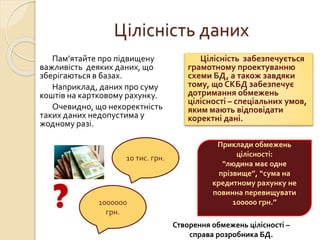 Цілісність даних
Пам'ятайте про підвищену
важливість деяких даних, що
зберігаються в базах.
Наприклад, даних про суму
коштів на картковому рахунку.
Очевидно, що некоректність
таких даних недопустима у
жодному разі.
Цілісність забезпечується
грамотному проектуванню
схеми БД, а також завдяки
тому, що СКБД забезпечує
дотримання обмежень
цілісності – спеціальних умов,
яким мають відповідати
коректні дані.
10 тис. грн.
1000000
грн.
Приклади обмежень
цілісності:
“людина має одне
прізвище”, “сума на
кредитному рахунку не
повинна перевищувати
100000 грн.”
Створення обмежень цілісності –
справа розробника БД.
 