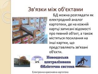 Зв'язки між об'єктами
БД можна розглядати як
електродний аналог
картотеки, де на кожній
картці записані відомості
про певний об'єкт, а також
містяться посилання на
інші картки, що
представляють зв'язані
об'єкти.
Електронна краєзнавча картотека
 
