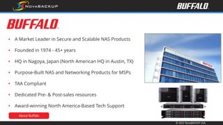 © 2022 NovaBACKUP USA.
• A Market Leader in Secure and Scalable NAS Products
• Founded in 1974 - 45+ years
• HQ in Nagoya, Japan (North American HQ in Austin, TX)
• Purpose-Built NAS and Networking Products for MSPs
• TAA Compliant
• Dedicated Pre- & Post-sales resources
• Award-winning North America-Based Tech Support
 