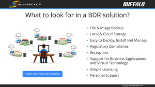 © 2022 NovaBACKUP USA.
What to look for in a BDR solution?
• File & Image Backup
• Local & Cloud Storage
• Easy to Deploy, Install and Manage
• Regulatory Compliance
• Encryption
• Support for Business Applications
and Virtual Technology
• Simple Licensing
• Personal Support
 