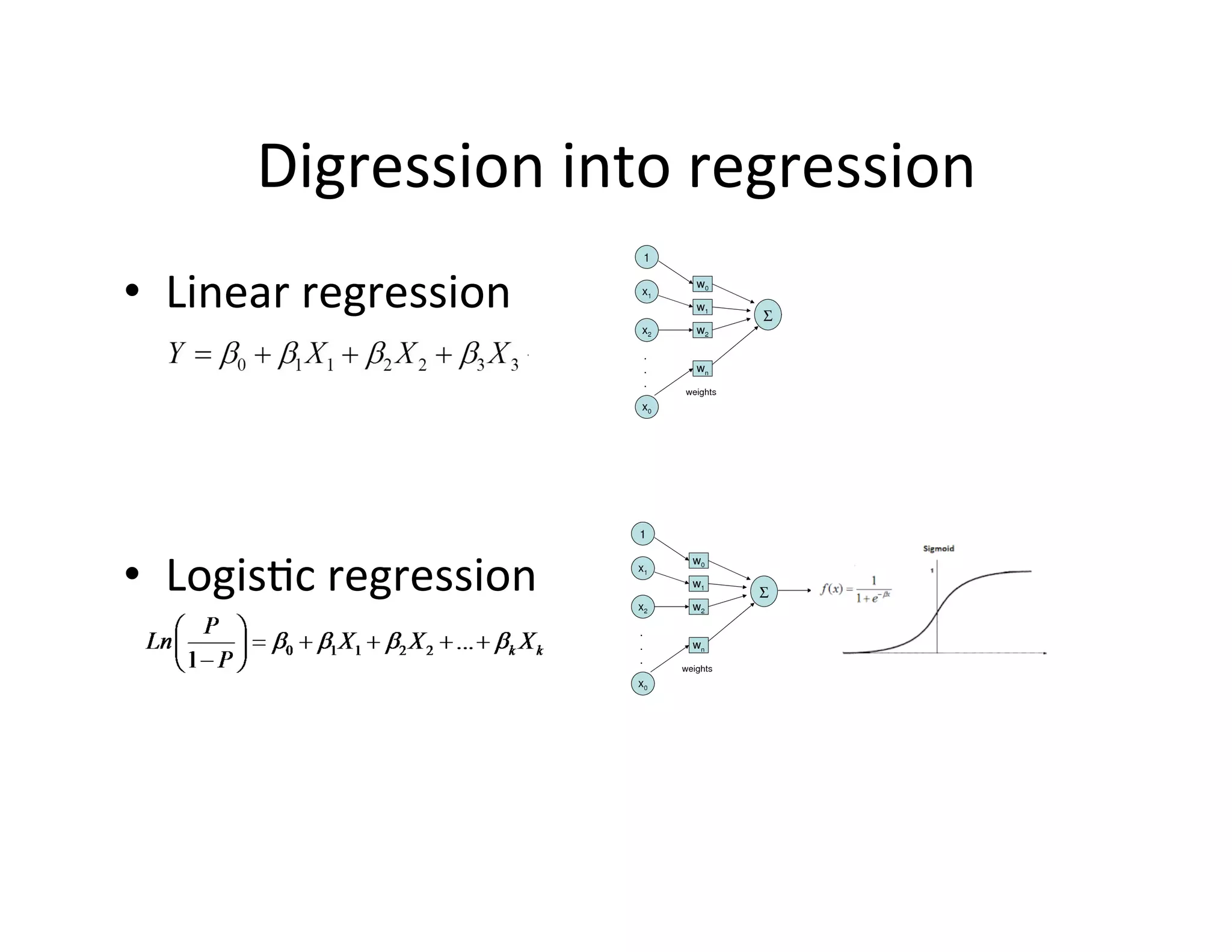 Digression	
  into	
  regression	
  
•  Linear	
  regression	
  
•  LogisFc	
  regression	
  
 