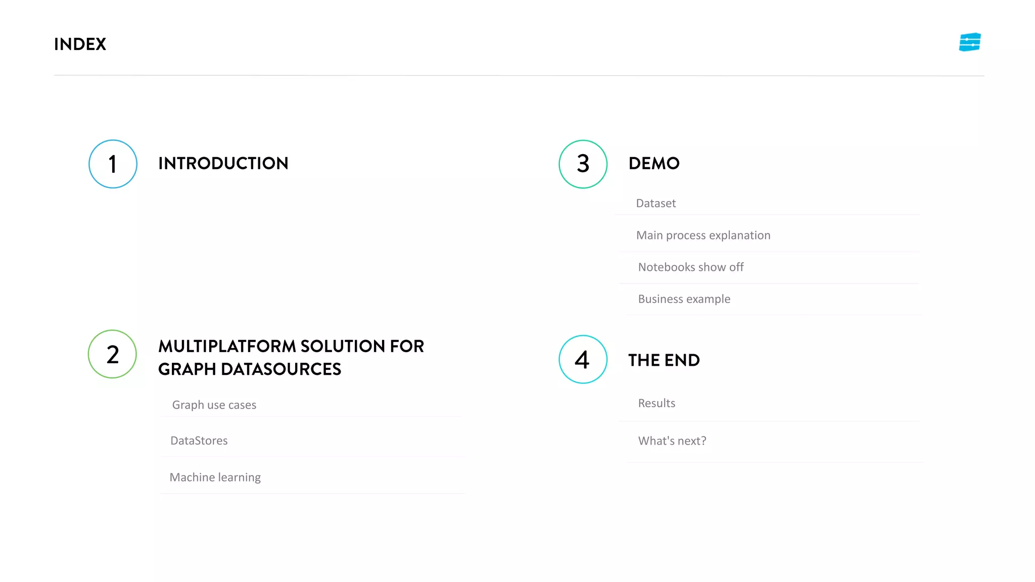 Graph use cases Results
What's next?
Dataset
Main process explanation
Notebooks show off
DataStores
Machine learning
Business example
 