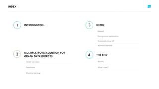 Graph use cases Results
What's next?
Dataset
Main process explanation
Notebooks show off
DataStores
Machine learning
Business example
 