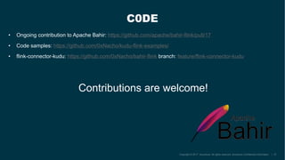 • Ongoing contribution to Apache Bahir: https://github.com/apache/bahir-flink/pull/17
• Code samples: https://github.com/0xNacho/kudu-flink-examples/
• flink-connector-kudu: https://github.com/0xNacho/bahir-flink branch: feature/flink-connector-kudu
C0DE
Contributions are welcome!
 
