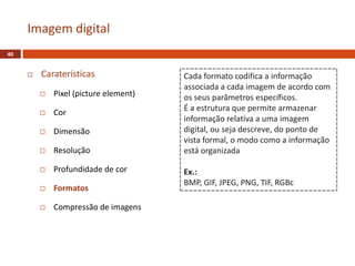 Caraterísticas
 Pixel (picture element)
 Cor
 Dimensão
 Resolução
 Profundidade de cor
 Formatos
 Compressão de imagens
Imagem digital
40
Cada formato codifica a informação
associada a cada imagem de acordo com
os seus parâmetros específicos.
É a estrutura que permite armazenar
informação relativa a uma imagem
digital, ou seja descreve, do ponto de
vista formal, o modo como a informação
está organizada
Ex.:
BMP, GIF, JPEG, PNG, TIF, RGBc
 