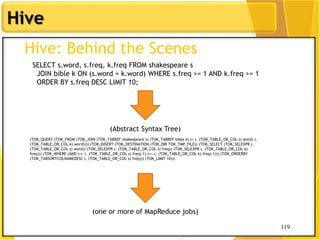 119
Hive
119
Hive: Behind the Scenes
SELECT s.word, s.freq, k.freq FROM shakespeare s
JOIN bible k ON (s.word = k.word) WHERE s.freq >= 1 AND k.freq >= 1
ORDER BY s.freq DESC LIMIT 10;
(TOK_QUERY (TOK_FROM (TOK_JOIN (TOK_TABREF shakespeare s) (TOK_TABREF bible k) (= (. (TOK_TABLE_OR_COL s) word) (.
(TOK_TABLE_OR_COL k) word)))) (TOK_INSERT (TOK_DESTINATION (TOK_DIR TOK_TMP_FILE)) (TOK_SELECT (TOK_SELEXPR (.
(TOK_TABLE_OR_COL s) word)) (TOK_SELEXPR (. (TOK_TABLE_OR_COL s) freq)) (TOK_SELEXPR (. (TOK_TABLE_OR_COL k)
freq))) (TOK_WHERE (AND (>= (. (TOK_TABLE_OR_COL s) freq) 1) (>= (. (TOK_TABLE_OR_COL k) freq) 1))) (TOK_ORDERBY
(TOK_TABSORTCOLNAMEDESC (. (TOK_TABLE_OR_COL s) freq))) (TOK_LIMIT 10)))
(one or more of MapReduce jobs)
(Abstract Syntax Tree)
 