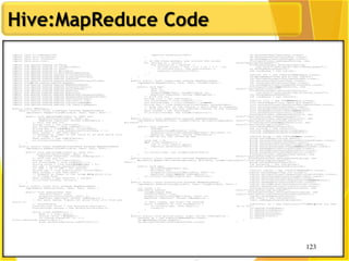 123
Hive:MapReduce Code
123
i m p o r t j a v a . i o . I O E x c e p t i o n ;
i m p o r t j a v a . u t i l . A r r a y L i s t ;
i m p o r t j a v a . u t i l . I t e r a t o r ;
i m p o r t j a v a . u t i l . L i s t ;
i m p o r t o r g . a p a c h e . h a d o o p . f s . P a t h ;
i m p o r t o r g . a p a c h e . h a d o o p . i o . L o n g W r i t a b l e ;
i m p o r t o r g . a p a c h e . h a d o o p . i o . T e x t ;
i m p o r t o r g . a p a c h e . h a d o o p . i o . W r i t a b l e ;
im p o r t o r g . a p a c h e . h a d o o p . i o . W r i t a b l e C o m p a r a b l e ;
i m p o r t o r g . a p a c h e . h a d o o p . m a p r e d . F i l e I n p u t F o r m a t ;
i m p o r t o r g . a p a c h e . h a d o o p . m a p r e d . F i l e O u t p u t F o r m a t ;
i m p o r t o r g . a p a c h e . h a d o o p . m a p r e d . J o b C o n f ;
i m p o r t o r g . a p a c h e . h a d o o p . m a p r e d . K e y V a l u e T e x t I n p u t F o r m a t ;
i m p o r t o r g . ap a c h e . h a d o o p . m a p r e d . M a p p e r ;
i m p o r t o r g . a p a c h e . h a d o o p . m a p r e d . M a p R e d u c e B a s e ;
i m p o r t o r g . a p a c h e . h a d o o p . m a p r e d . O u t p u t C o l l e c t o r ;
i m p o r t o r g . a p a c h e . h a d o o p . m a p r e d . R e c o r d R e a d e r ;
i m p o r t o r g . a p a c h e . h a d o o p . m a p r e d . R e d u c e r ;
i m p o r t o r g . a p a c h e . h a d o o p . m a p r e d . R e p o r t e r ;
i m po r t o r g . a p a c h e . h a d o o p . m a p r e d . S e q u e n c e F i l e I n p u t F o r m a t ;
i m p o r t o r g . a p a c h e . h a d o o p . m a p r e d . S e q u e n c e F i l e O u t p u t F o r m a t ;
i m p o r t o r g . a p a c h e . h a d o o p . m a p r e d . T e x t I n p u t F o r m a t ;
i m p o r t o r g . a p a c h e . h a d o o p . m a p r e d . j o b c o n t r o l . J o b ;
i m p o r t o r g . a p a c h e . h a d o o p . m a p r e d . j o b c o n t r o l . J o b Co n t r o l ;
i m p o r t o r g . a p a c h e . h a d o o p . m a p r e d . l i b . I d e n t i t y M a p p e r ;
p u b l i c c l a s s M R E x a m p l e {
p u b l i c s t a t i c c l a s s L o a d P a g e s e x t e n d s M a p R e d u c e B a s e
i m p l e m e n t s M a p p e r < L o n g W r i t a b l e , T e x t , T e x t , T e x t > {
p u b l i c v o i d m a p ( L o n g W r i t a b l e k , T e x t v a l ,
O u t p u t C o l l e c t o r < T e x t , T e x t > o c ,
R e p o r t e r r e p o r t e r ) t h r o w s I O E x c e p t i o n {
/ / P u l l t h e k e y o u t
S t r i n g l i n e = v a l . t o S t r i n g ( ) ;
i n t f i r s t C o m m a = l i n e . i n d e x O f ( ' , ' ) ;
S t r i n g k e y = l i n e . s u bs t r i n g ( 0 , f i r s t C o m m a ) ;
S t r i n g v a l u e = l i n e . s u b s t r i n g ( f i r s t C o m m a + 1 ) ;
T e x t o u t K e y = n e w T e x t ( k e y ) ;
/ / P r e p e n d a n i n d e x t o t h e v a l u e s o w e k n o w w h i c h f i l e
/ / i t c a m e f r o m .
T e x t o u t V a l = n e w T e x t ( " 1" + v a l u e ) ;
o c . c o l l e c t ( o u t K e y , o u t V a l ) ;
}
}
p u b l i c s t a t i c c l a s s L o a d A n d F i l t e r U s e r s e x t e n d s M a p R e d u c e B a s e
i m p l e m e n t s M a p p e r < L o n g W r i t a b l e , T e x t , T e x t , T e x t > {
p u b l i c v o i d m a p ( L o n g W r i t a b l e k , T e x t v a l ,
O u t p u t C o l l e c t o r < T e x t , T e x t > o c ,
R e p o r t e r r e p o r t e r ) t h r o w s I O E x c e p t i o n {
/ / P u l l t h e k e y o u t
S t r i n g l i n e = v a l . t o S t r i n g ( ) ;
i n t f i r s t C o m m a = l i n e . i n d e x O f ( ' , ' ) ;
S t r i n g v a l u e = l i n e . s u b s t r i n g (f i r s t C o m m a + 1 ) ;
i n t a g e = I n t e g e r . p a r s e I n t ( v a l u e ) ;
i f ( a g e < 1 8 | | a g e > 2 5 ) r e t u r n ;
S t r i n g k e y = l i n e . s u b s t r i n g ( 0 , f i r s t C o m m a ) ;
T e x t o u t K e y = n e w T e x t ( k e y ) ;
/ / P r e p e n d a n i n d e x t o t h e v a l u e s o we k n o w w h i c h f i l e
/ / i t c a m e f r o m .
T e x t o u t V a l = n e w T e x t ( " 2 " + v a l u e ) ;
o c . c o l l e c t ( o u t K e y , o u t V a l ) ;
}
}
p u b l i c s t a t i c c l a s s J o i n e x t e n d s M a p R e d u c e B a s e
i m p l e m e n t s R e d u c e r < T e x t , T e x t , T e x t , T e x t > {
p u b l i c v o i d r e d u c e ( T e x t k e y ,
I t e r a t o r < T e x t > i t e r ,
O u t p u t C o l l e c t o r < T e x t , T e x t > o c ,
R e p o r t e r r e p o r t e r ) t h r o w s I O E x c e p t i o n {
/ / F o r e a c h v a l u e , f i g u r e o u t w h i c h f i l e i t ' s f r o m a n d
s t o r e i t
/ / a c c o r d i n g l y .
L i s t < S t r i n g > f i r s t = n e w A r r a y L i s t < S t r i n g > ( ) ;
L i s t < S t r i n g > s e c o n d = n e w A r r a y L i s t < S t r i n g > ( ) ;
w h i l e ( i t e r . h a s N e x t ( ) ) {
T e x t t = i t e r . n e x t ( ) ;
S t r i n g v a l u e = t . t oS t r i n g ( ) ;
i f ( v a l u e . c h a r A t ( 0 ) = = ' 1 ' )
f i r s t . a d d ( v a l u e . s u b s t r i n g ( 1 ) ) ;
e l s e s e c o n d . a d d ( v a l u e . s u b s t r i n g ( 1 ) ) ;
r e p o r t e r . s e t S t a t u s ( " O K " ) ;
}
/ / D o t h e c r o s s p r o d u c t a n d c o l l e c t t h e v a l u e s
f o r ( S t r i n g s 1 : f i r s t ) {
f o r ( S t r i n g s 2 : s e c o n d ) {
S t r i n g o u t v a l = k e y + " , " + s 1 + " , " + s 2 ;
o c . c o l l e c t ( n u l l , n e w T e x t ( o u t v a l ) ) ;
r e p o r t e r . s e t S t a t u s ( " O K " ) ;
}
}
}
}
p u b l i c s t a t i c c l a s s L o a d J o i n e d e x t e n d s M a p R e d u c e B a s e
i m p l e m e n t s M a p p e r < T e x t , T e x t , T e x t , L o n g W r i t a b l e > {
p u b l i c v o i d m a p (
T e x t k ,
T e x t v a l ,
O u t p u t C o l l ec t o r < T e x t , L o n g W r i t a b l e > o c ,
R e p o r t e r r e p o r t e r ) t h r o w s I O E x c e p t i o n {
/ / F i n d t h e u r l
S t r i n g l i n e = v a l . t o S t r i n g ( ) ;
i n t f i r s t C o m m a = l i n e . i n d e x O f ( ' , ' ) ;
i n t s e c o n d C o m m a = l i n e . i n d e x O f ( ' , ' , f i r s tC o m m a ) ;
S t r i n g k e y = l i n e . s u b s t r i n g ( f i r s t C o m m a , s e c o n d C o m m a ) ;
/ / d r o p t h e r e s t o f t h e r e c o r d , I d o n ' t n e e d i t a n y m o r e ,
/ / j u s t p a s s a 1 f o r t h e c o m b i n e r / r e d u c e r t o s u m i n s t e a d .
T e x t o u t K e y = n e w T e x t ( k e y ) ;
o c . c o l l e c t ( o u t K e y , n e w L o n g W r i t a b l e ( 1 L ) ) ;
}
}
p u b l i c s t a t i c c l a s s R e d u c e U r l s e x t e n d s M a p R e d u c e B a s e
i m p l e m e n t s R e d u c e r < T e x t , L o n g W r i t a b l e , W r i t a b l e C o m p a r a b l e ,
W r i t a b l e > {
p u b l i c v o i d r e d u c e (
T e x t k ey ,
I t e r a t o r < L o n g W r i t a b l e > i t e r ,
O u t p u t C o l l e c t o r < W r i t a b l e C o m p a r a b l e , W r i t a b l e > o c ,
R e p o r t e r r e p o r t e r ) t h r o w s I O E x c e p t i o n {
/ / A d d u p a l l t h e v a l u e s w e s e e
l o n g s u m = 0 ;
w hi l e ( i t e r . h a s N e x t ( ) ) {
s u m + = i t e r . n e x t ( ) . g e t ( ) ;
r e p o r t e r . s e t S t a t u s ( " O K " ) ;
}
o c . c o l l e c t ( k e y , n e w L o n g W r i t a b l e ( s u m ) ) ;
}
}
p u b l i c s t a t i c c l a s s L o a d C l i c k s e x t e n d s M a p R e d u c e B a s e
im p l e m e n t s M a p p e r < W r i t a b l e C o m p a r a b l e , W r i t a b l e , L o n g W r i t a b l e ,
T e x t > {
p u b l i c v o i d m a p (
W r i t a b l e C o m p a r a b l e k e y ,
W r i t a b l e v a l ,
O u t p u t C o l l e c t o r < L o n g W r i t a b l e , T e x t > o c ,
R e p o r t e r r e p o r t e r )t h r o w s I O E x c e p t i o n {
o c . c o l l e c t ( ( L o n g W r i t a b l e ) v a l , ( T e x t ) k e y ) ;
}
}
p u b l i c s t a t i c c l a s s L i m i t C l i c k s e x t e n d s M a p R e d u c e B a s e
i m p l e m e n t s R e d u c e r < L o n g W r i t a b l e , T e x t , L o n g W r i t a b l e , T e x t > {
i n t c o u n t = 0 ;
p u b l i cv o i d r e d u c e (
L o n g W r i t a b l e k e y ,
I t e r a t o r < T e x t > i t e r ,
O u t p u t C o l l e c t o r < L o n g W r i t a b l e , T e x t > o c ,
R e p o r t e r r e p o r t e r ) t h r o w s I O E x c e p t i o n {
/ / O n l y o u t p u t t h e f i r s t 1 0 0 r e c o r d s
w h i l e ( c o u n t< 1 0 0 & & i t e r . h a s N e x t ( ) ) {
o c . c o l l e c t ( k e y , i t e r . n e x t ( ) ) ;
c o u n t + + ;
}
}
}
p u b l i c s t a t i c v o i d m a i n ( S t r i n g [ ] a r g s ) t h r o w s I O E x c e p t i o n {
J o b C o n f l p = n e w J o b C o n f ( M R E x a m p l e . c l a s s ) ;
l p . s et J o b N a m e ( " L o a d P a g e s " ) ;
l p . s e t I n p u t F o r m a t ( T e x t I n p u t F o r m a t . c l a s s ) ;
l p . s e t O u t p u t K e y C l a s s ( T e x t . c l a s s ) ;
l p . s e t O u t p u t V a l u e C l a s s ( T e x t . c l a s s ) ;
l p . s e t M a p p e r C l a s s ( L o a d P a g e s . c l a s s ) ;
F i l e I n p u t F o r m a t . a d d I n p u t P a t h ( l p , n e w
P a t h ( " /u s e r / g a t e s / p a g e s " ) ) ;
F i l e O u t p u t F o r m a t . s e t O u t p u t P a t h ( l p ,
n e w P a t h ( " / u s e r / g a t e s / t m p / i n d e x e d _ p a g e s " ) ) ;
l p . s e t N u m R e d u c e T a s k s ( 0 ) ;
J o b l o a d P a g e s = n e w J o b ( l p ) ;
J o b C o n f l f u = n e w J o b C o n f ( M R E x a m p l e . c l a s s ) ;
l f u . se t J o b N a m e ( " L o a d a n d F i l t e r U s e r s " ) ;
l f u . s e t I n p u t F o r m a t ( T e x t I n p u t F o r m a t . c l a s s ) ;
l f u . s e t O u t p u t K e y C l a s s ( T e x t . c l a s s ) ;
l f u . s e t O u t p u t V a l u e C l a s s ( T e x t . c l a s s ) ;
l f u . s e t M a p p e r C l a s s ( L o a d A n d F i l t e r U s e r s . c l a s s ) ;
F i l e I n p u t F o r m a t . a d dI n p u t P a t h ( l f u , n e w
P a t h ( " / u s e r / g a t e s / u s e r s " ) ) ;
F i l e O u t p u t F o r m a t . s e t O u t p u t P a t h ( l f u ,
n e w P a t h ( " / u s e r / g a t e s / t m p / f i l t e r e d _ u s e r s " ) ) ;
l f u . s e t N u m R e d u c e T a s k s ( 0 ) ;
J o b l o a d U s e r s = n e w J o b ( l f u ) ;
J o b C o n f j o i n = n e w J o b C o n f (M R E x a m p l e . c l a s s ) ;
j o i n . s e t J o b N a m e ( " J o i n U s e r s a n d P a g e s " ) ;
j o i n . s e t I n p u t F o r m a t ( K e y V a l u e T e x t I n p u t F o r m a t . c l a s s ) ;
j o i n . s e t O u t p u t K e y C l a s s ( T e x t . c l a s s ) ;
j o i n . s e t O u t p u t V a l u e C l a s s ( T e x t . c l a s s ) ;
j o i n . s e t M a p p e r C l a s s ( I d e n t i t y M a pp e r . c l a s s ) ;
j o i n . s e t R e d u c e r C l a s s ( J o i n . c l a s s ) ;
F i l e I n p u t F o r m a t . a d d I n p u t P a t h ( j o i n , n e w
P a t h ( " / u s e r / g a t e s / t m p / i n d e x e d _ p a g e s " ) ) ;
F i l e I n p u t F o r m a t . a d d I n p u t P a t h ( j o i n , n e w
P a t h ( " / u s e r / g a t e s / t m p / f i l t e r e d _ u s e r s " ) ) ;
F i l e O u t p u t F o r m a t . s et O u t p u t P a t h ( j o i n , n e w
P a t h ( " / u s e r / g a t e s / t m p / j o i n e d " ) ) ;
j o i n . s e t N u m R e d u c e T a s k s ( 5 0 ) ;
J o b j o i n J o b = n e w J o b ( j o i n ) ;
j o i n J o b . a d d D e p e n d i n g J o b ( l o a d P a g e s ) ;
j o i n J o b . a d d D e p e n d i n g J o b ( l o a d U s e r s ) ;
J o b C o n f g r o u p = n e w J o b C o n f ( M R Ex a m p l e . c l a s s ) ;
g r o u p . s e t J o b N a m e ( " G r o u p U R L s " ) ;
g r o u p . s e t I n p u t F o r m a t ( K e y V a l u e T e x t I n p u t F o r m a t . c l a s s ) ;
g r o u p . s e t O u t p u t K e y C l a s s ( T e x t . c l a s s ) ;
g r o u p . s e t O u t p u t V a l u e C l a s s ( L o n g W r i t a b l e . c l a s s ) ;
g r o u p . s e t O u t p u t F o r m a t ( S e q u e n c e F il e O u t p u t F o r m a t . c l a s s ) ;
g r o u p . s e t M a p p e r C l a s s ( L o a d J o i n e d . c l a s s ) ;
g r o u p . s e t C o m b i n e r C l a s s ( R e d u c e U r l s . c l a s s ) ;
g r o u p . s e t R e d u c e r C l a s s ( R e d u c e U r l s . c l a s s ) ;
F i l e I n p u t F o r m a t . a d d I n p u t P a t h ( g r o u p , n e w
P a t h ( " / u s e r / g a t e s / t m p / j o i n e d " ) ) ;
F i l e O u t p u t F o r m a t . s e t O u t p u t P a t h ( g r o u p , n e w
P a t h ( " / u s e r / g a t e s / t m p / g r o u p e d " ) ) ;
g r o u p . s e t N u m R e d u c e T a s k s ( 5 0 ) ;
J o b g r o u p J o b = n e w J o b ( g r o u p ) ;
g r o u p J o b . a d d D e p e n d i n g J o b ( j o i n J o b ) ;
J o b C o n f t o p 1 0 0 = n e w J o b C o n f ( M R E x a m p l e . c l a s s ) ;
t o p 1 0 0 . s e t J o b N a m e ( " T o p 1 0 0 s i t e s " ) ;
t o p 1 0 0 . s e t I n p u t F o r m a t ( S e q u e n c e F i l e I n p u t F o r m a t . c l a s s ) ;
t o p 1 0 0 . s e t O u t p u t K e y C l a s s ( L o n g W r i t a b l e . c l a s s ) ;
t o p 1 0 0 . s e t O u t p u t V a l u e C l a s s ( T e x t . c l a s s ) ;
t o p 1 0 0 . s e t O u t p u t F o r m a t ( S e q u e n c e F i l e O u t p u t Fo r m a t . c l a s s ) ;
t o p 1 0 0 . s e t M a p p e r C l a s s ( L o a d C l i c k s . c l a s s ) ;
t o p 1 0 0 . s e t C o m b i n e r C l a s s ( L i m i t C l i c k s . c l a s s ) ;
t o p 1 0 0 . s e t R e d u c e r C l a s s ( L i m i t C l i c k s . c l a s s ) ;
F i l e I n p u t F o r m a t . a d d I n p u t P a t h ( t o p 1 0 0 , n e w
P a t h ( " / u s e r / g a t e s / t m p / g r o u p e d " ) ) ;
F i l e O u t p u t F o r m a t . s e t O u t p u t P a t h ( t o p 1 0 0 , n e w
P a t h ( " / u s e r / g a t e s / t o p 1 0 0 s i t e s f o r u s e r s 1 8 t o 2 5 " ) ) ;
t o p 1 0 0 . s e t N u m R e d u c e T a s k s ( 1 ) ;
J o b l i m i t = n e w J o b ( t o p 1 0 0 ) ;
l i m i t . a d d D e p e n d i n g J o b ( g r o u p J o b ) ;
J o b C o n t r o l j c = n e w J o b C o n t r o l ( " F i n d t o p1 0 0 s i t e s f o r u s e r s
1 8 t o 2 5 " ) ;
j c . a d d J o b ( l o a d P a g e s ) ;
j c . a d d J o b ( l o a d U s e r s ) ;
j c . a d d J o b ( j o i n J o b ) ;
j c . a d d J o b ( g r o u p J o b ) ;
j c . a d d J o b ( l i m i t ) ;
j c . r u n ( ) ;
}
}
 