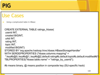 143
PIG
143
Use Cases
 Using a complicated table in HBase:
CREATE EXTERNAL TABLE ratings_hbase(
userid INT,
created BIGINT,
urlid INT,
rating INT,
topic INT,
modified BIGINT)
STORED BY 'org.apache.hadoop.hive.hbase.HBaseStorageHandler’
WITH SERDEPROPERTIES ("hbase.columns.mapping" =
":key#b@0,:key#b@1,:key#b@2,default:rating#b,default:topic#b,default:modified#b")
TBLPROPERTIES("hbase.table.name" = "ratings_by_userid");
#b means binary, @ means position in composite key (SU-specific hack)
 