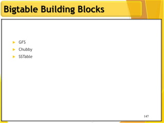 147
Bigtable Building Blocks
147
 GFS
 Chubby
 SSTable
 