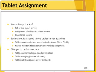 155
Tablet Assignment
155
 Master keeps track of:
 Set of live tablet servers
 Assignment of tablets to tablet servers
 Unassigned tablets
 Each tablet is assigned to one tablet server at a time
 Tablet server maintains an exclusive lock on a file in Chubby
 Master monitors tablet servers and handles assignment
 Changes to tablet structure
 Table creation/deletion (master initiated)
 Tablet merging (master initiated)
 Tablet splitting (tablet server initiated)
 