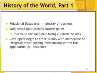 40
History of the World, Part 1
40
 Relational Databases – mainstay of business
 Web-based applications caused spikes
 Especially true for public-facing e-Commerce sites
 Developers begin to front RDBMS with memcache or
integrate other caching mechanisms within the
application (ie. Ehcache)
 