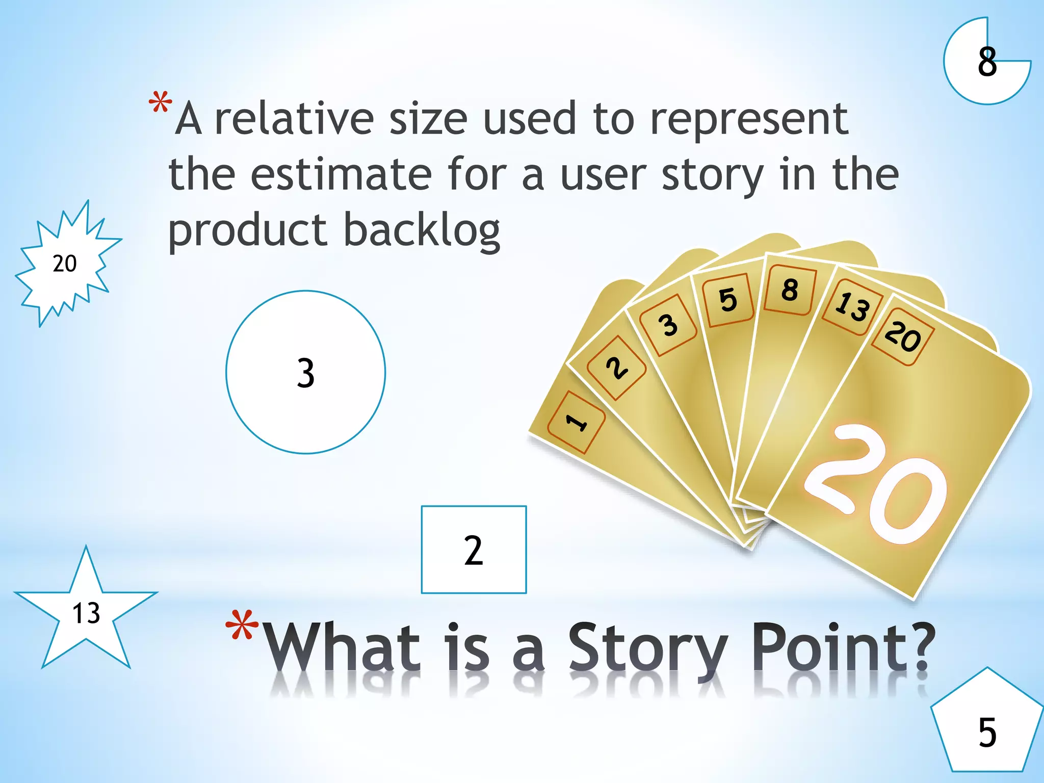 *
*A relative size used to represent
the estimate for a user story in the
product backlog
2
3
5
8
13
20
 