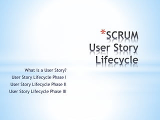 *
What is a User Story?
User Story Lifecycle Phase I
User Story Lifecycle Phase II
User Story Lifecycle Phase III
 