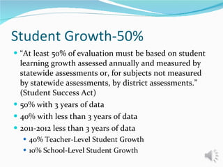 Student Growth-50% “ At least 50% of evaluation must be based on student learning growth assessed annually and measured by statewide assessments or, for subjects not measured by statewide assessments, by district assessments.”  (Student Success Act) 50% with 3 years of data  40% with less than 3 years of data 2011-2012 less than 3 years of data 40% Teacher-Level Student Growth 10% School-Level Student Growth 