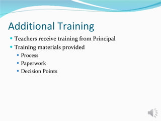 Additional Training Teachers receive training from Principal Training materials provided Process Paperwork Decision Points 