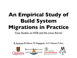 An Empirical Study of
Build System
Migrations in Practice
Case Studies on KDE and the Linux Kernel
1
R. Suvorov, B.Adams, M. Nagappan, A. E. Hassan,Y. Zou
 