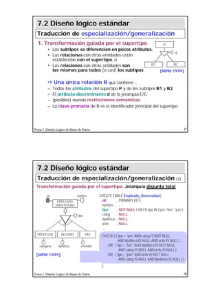 19
Tema 7. Diseño Lógico de Bases de Datos 37
1. Transformación guiada por el supertipo
• Los subtipos se diferencian en pocos atributos,
• Las relaciones con otras entidades están
establecidas con el supertipo, o
• Las relaciones con otras entidades son
las mismas para todos (o casi) los subtipos
ðð Una única relación R que contiene...
– Todos los atributos del supertipo P y de los subtipos B1 y B2
– El atributo discriminante d de la jerarquía E/G
– (posibles) nuevas restricciones semánticas
– La clave primaria de R es el identificador principal del supertipo
P
B2B1
d
7.2 Diseño lógico estándar
Traducción de especialización/generalización
[MPM 1999]
Tema 7. Diseño Lógico de Bases de Datos 38
CREATE TABLE Empleado_Universidad (
nif ... PRIMARY KEY,
nombre ... ,
tipo ... NOT NULL CHECK tipo IN (“pro”,“bec”,“pas”),
categ ... NULL,
tipoBeca ... NULL,
activ ... NULL,
...
);
7.2 Diseño lógico estándar
Traducción de especialización/generalización (2)
[MPM 1999]
Transformación guiada por el supertipo: Jerarquía disjunta total
EMPLEADO
UNIVERSIDAD
nif
PASPROFESOR
nombre
tipoBeca actividad
tipo
categoría
BECARIO CHECK ( ( tipo = “pro” AND categ IS NOT NULL
AND tipoBeca IS NULL AND activ IS NULL )
OR ( tipo = “bec” AND tipoBeca IS NOT NULL
AND categ IS NULL AND activ IS NULL )
OR ( tipo = “pas” AND activ IS NOT NULL
AND categ IS NULL AND tipoBeca IS NULL ) )
restricciones
semánticas
 