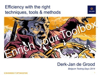 Efficiency with the right
techniques, tools & methods
Derk-Jan de Grood
Belgium Testing Days 2014
1
 