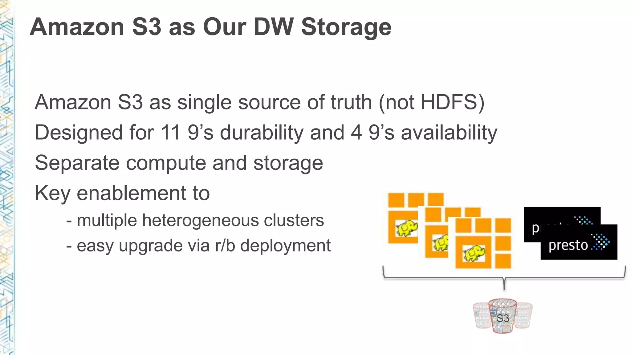 Amazon S3 as Our DW Storage
Amazon S3 as single source of truth (not HDFS)
Designed for 11 9’s durability and 4 9’s availability
Separate compute and storage
Key enablement to
- multiple heterogeneous clusters
- easy upgrade via r/b deployment
S3
 