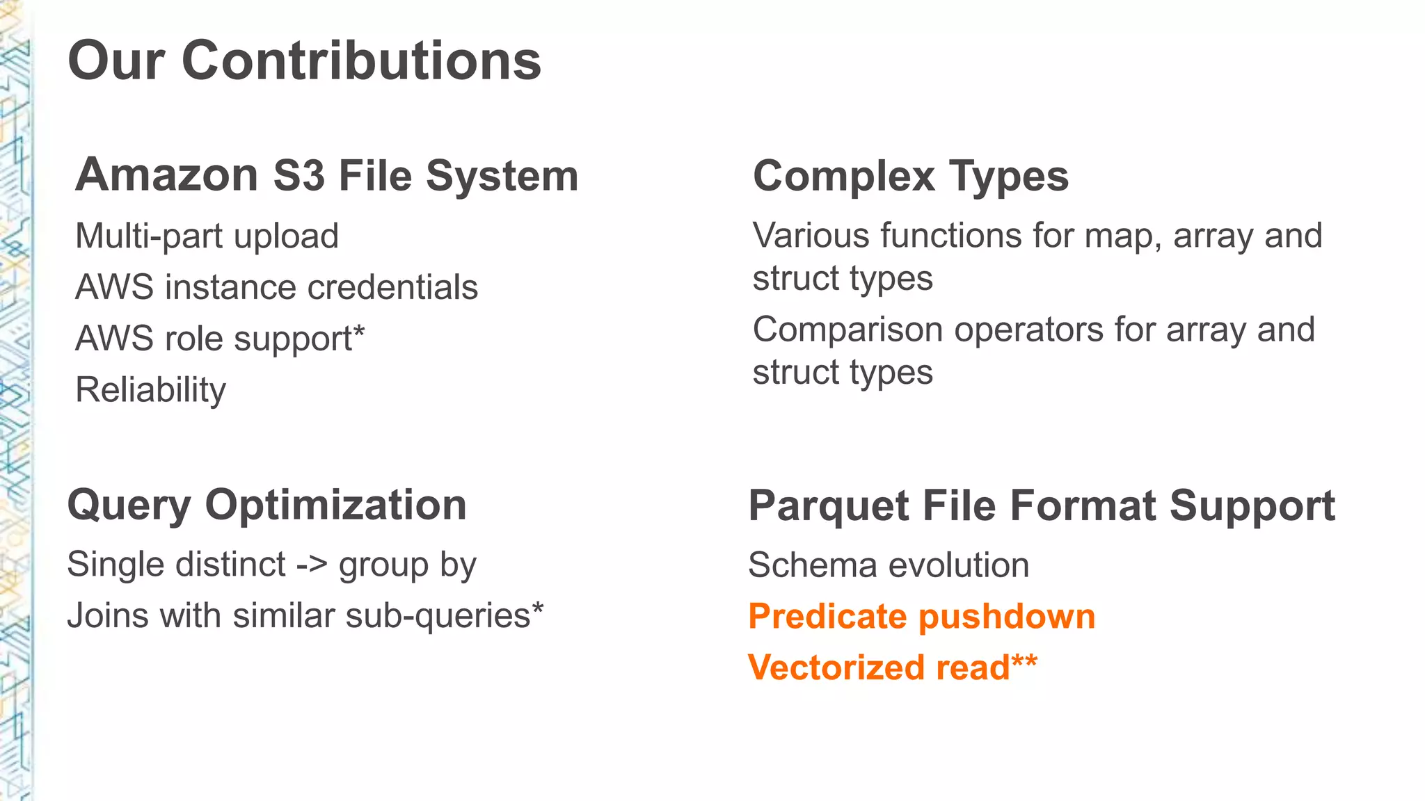 Our Contributions
Parquet File Format Support
Schema evolution
Predicate pushdown
Vectorized read**
Complex Types
Various functions for map, array and
struct types
Comparison operators for array and
struct types
Amazon S3 File System
Multi-part upload
AWS instance credentials
AWS role support*
Reliability
Query Optimization
Single distinct -> group by
Joins with similar sub-queries*
 