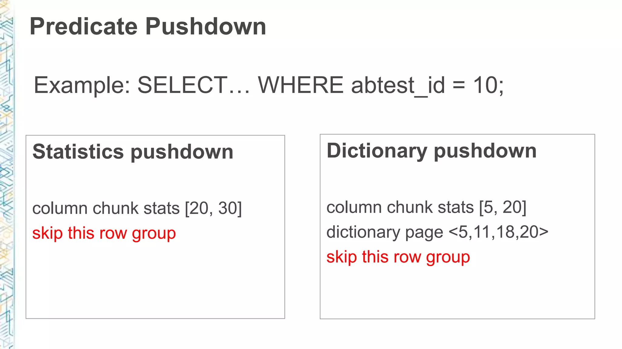 Predicate Pushdown
Dictionary pushdown
column chunk stats [5, 20]
dictionary page <5,11,18,20>
skip this row group
Statistics pushdown
column chunk stats [20, 30]
skip this row group
Example: SELECT… WHERE abtest_id = 10;
 