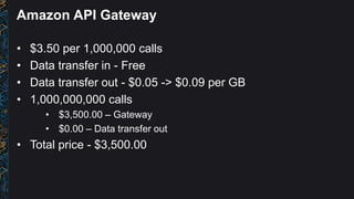 Amazon API Gateway
• $3.50 per 1,000,000 calls
• Data transfer in - Free
• Data transfer out - $0.05 -> $0.09 per GB
• 1,0...