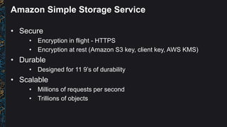 Amazon Simple Storage Service
• Secure
• Encryption in flight - HTTPS
• Encryption at rest (Amazon S3 key, client key, AWS...