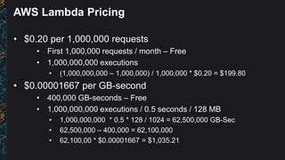 Amazon API Gateway Pricing
• $3.50 per 1,000,000 calls
• Data Transfer In - Free
• Data Transfer Out
• $0.09/GB for the fi...