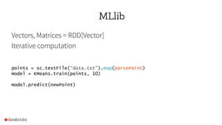 Vectors, Matrices = RDD[Vector]
Iterative computation
MLlib
points = sc.textFile(“data.txt”).map(parsePoint)
model = KMeans.train(points, 10)
model.predict(newPoint)
 