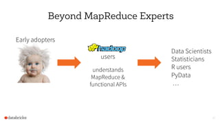 Beyond MapReduce Experts
33
Early adopters
Data Scientists
Statisticians
R users
PyData
…
users
understands
MapReduce &
functional APIs
 