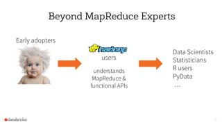 Beyond MapReduce Experts
33
Early adopters
Data Scientists
Statisticians
R users
PyData
…
users
understands
MapReduce &
fu...