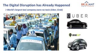 The Digital Disruption has Already Happened
World’s largest taxi company owns no taxis (Uber, Grab)
 