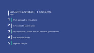 What is disruptive Innovations1
Key Conclusions : Where does E-Commerce go from here?
Five disruptive forces
Segment Analysis
2
3
4
Disruptive Innovations – E-Commerce
Topics :
5
Indonesia’s EC Market Share
 