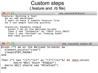 Custom steps
(.feature and .rb file)
 